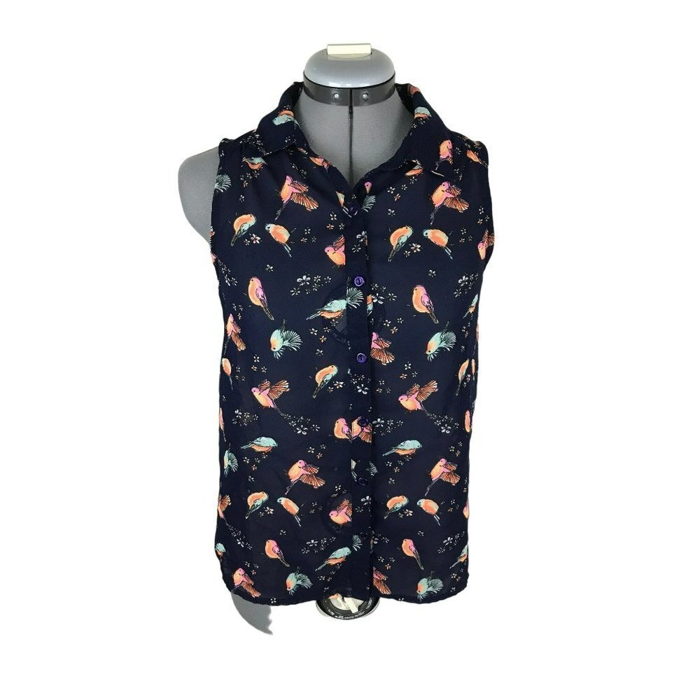 Charlotte Russe Blouse Women's Small Sheer Sleeveless Birds High Low Navy Blue